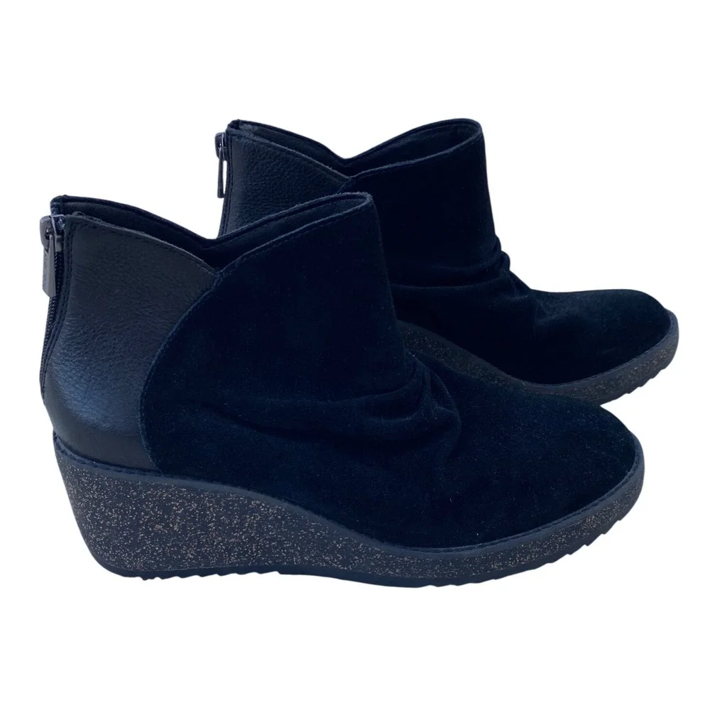 Aetrex Kara Black Suede Leather Wedge Ankle Boots WB100 Womens 9.5 EU 40